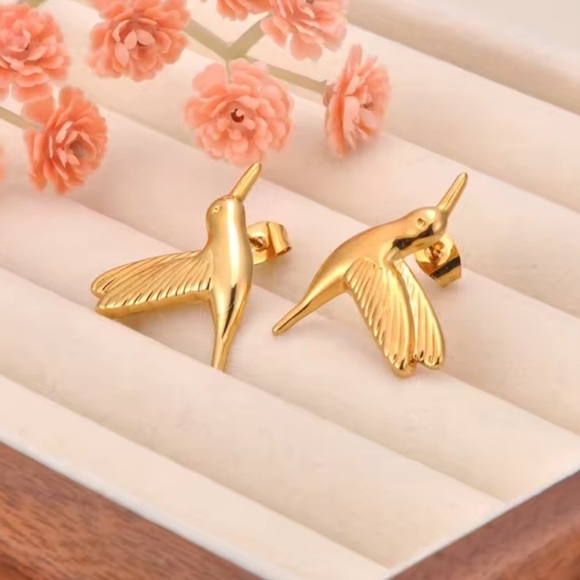 Hummingbird Gold Bird Earrings - Picture 3 of 5